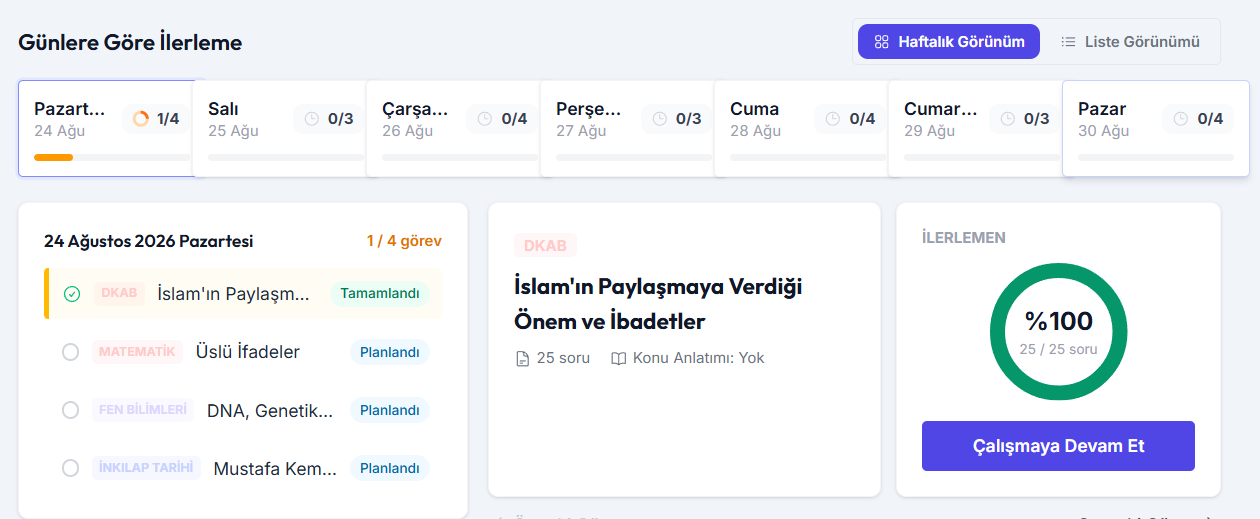 Öğrenci günlük görev ilerleme ekranı